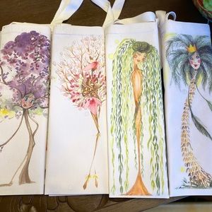 5 original printed totes watercolor trees